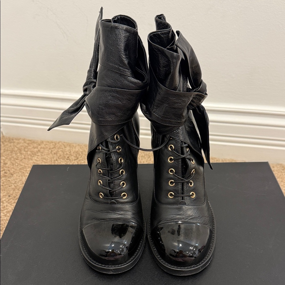 Chanel Lace-Up Ankle Boots Bow Wrap Black Leather Cap Toe Heeled Booties 37.5 - Picture 3 of 12